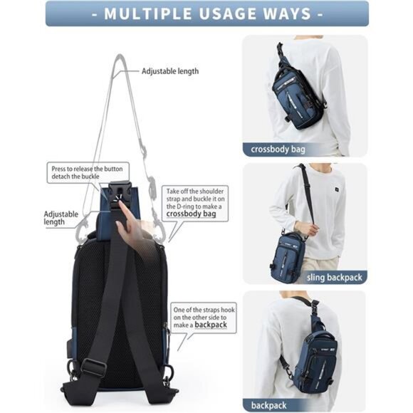 Blue Sling Crossbody Backpack Shoulder Messenger Bag for Men, - Picture 4 of 7